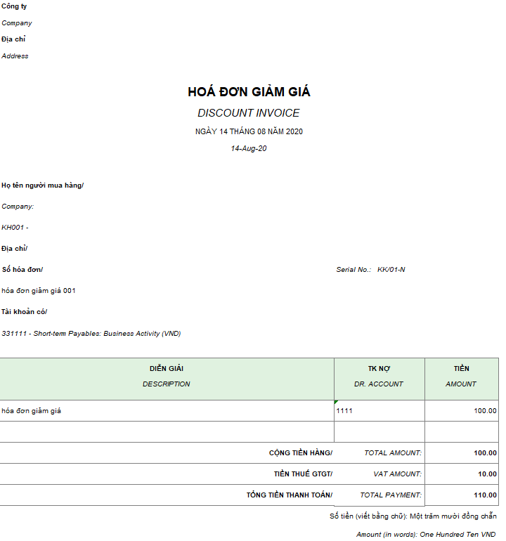 Mẫu hóa đơn giảm giá ( Song ngữ - Ngoại tệ )