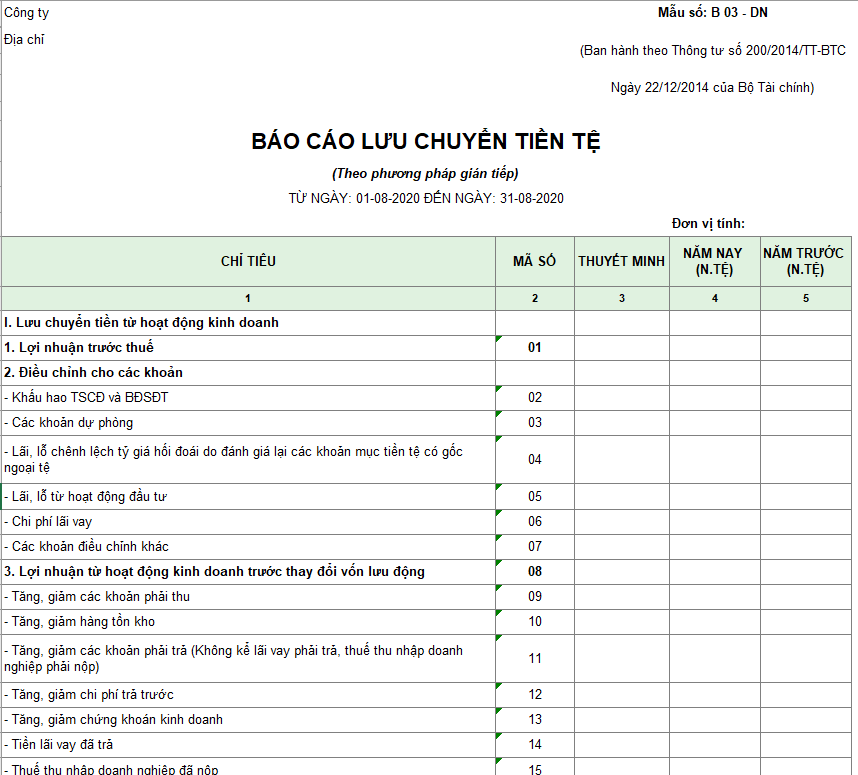 Mẫu báo cáo lưu chuyển tiền tệ ( Ngoại tệ ) theo PP gián tiếp - Theo TT 200