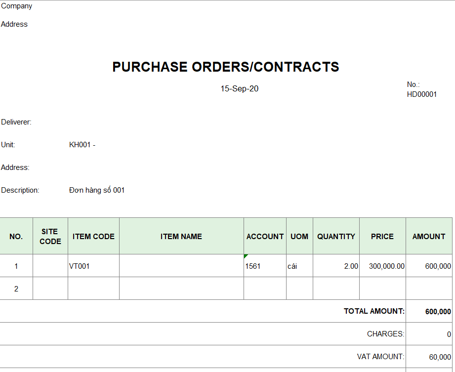 Mẫu đơn hàng mua ( TIẾNG ANH )