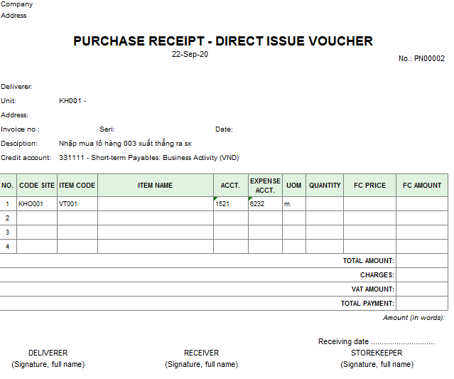 Mẫu phiếu nhập xuất thẳng ( TIẾNG ANH - Ngoại tệ )