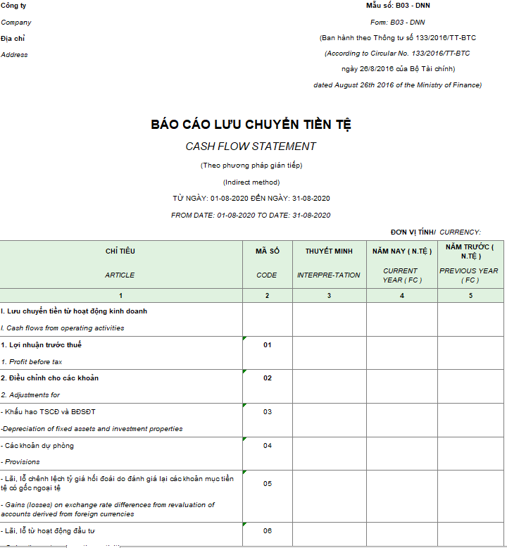 Mẫu báo cáo lưu chuyển tiền tệ ( Song ngữ - Ngoại tệ ) theo PP gián tiếp - Theo TT 133