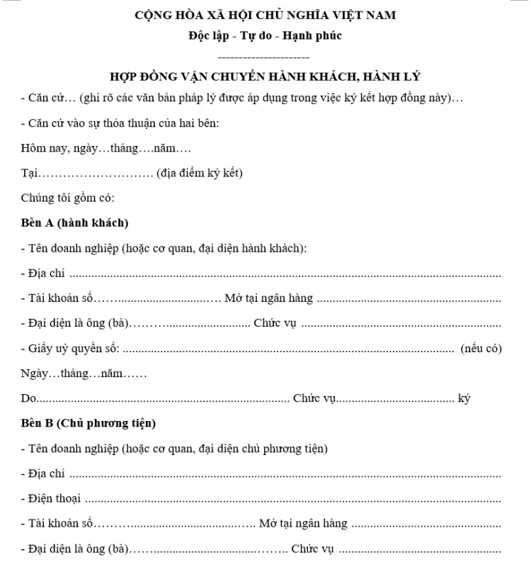 Mẫu hợp đồng vận chuyển hành khách, hành lý mới nhất