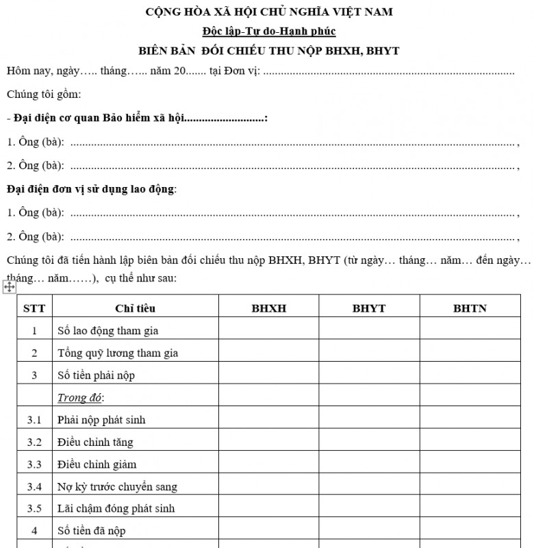 Mẫu biên bản đối chiếu nộp thu BHXH, BHYT