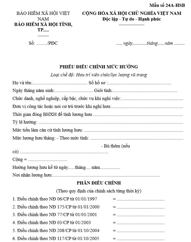 Mẫu phiếu điều chỉnh mức hưởng lương hưu