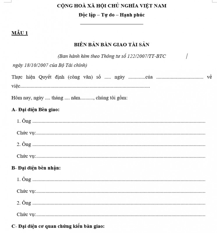 Mẫu biên bản bàn giao tài sản