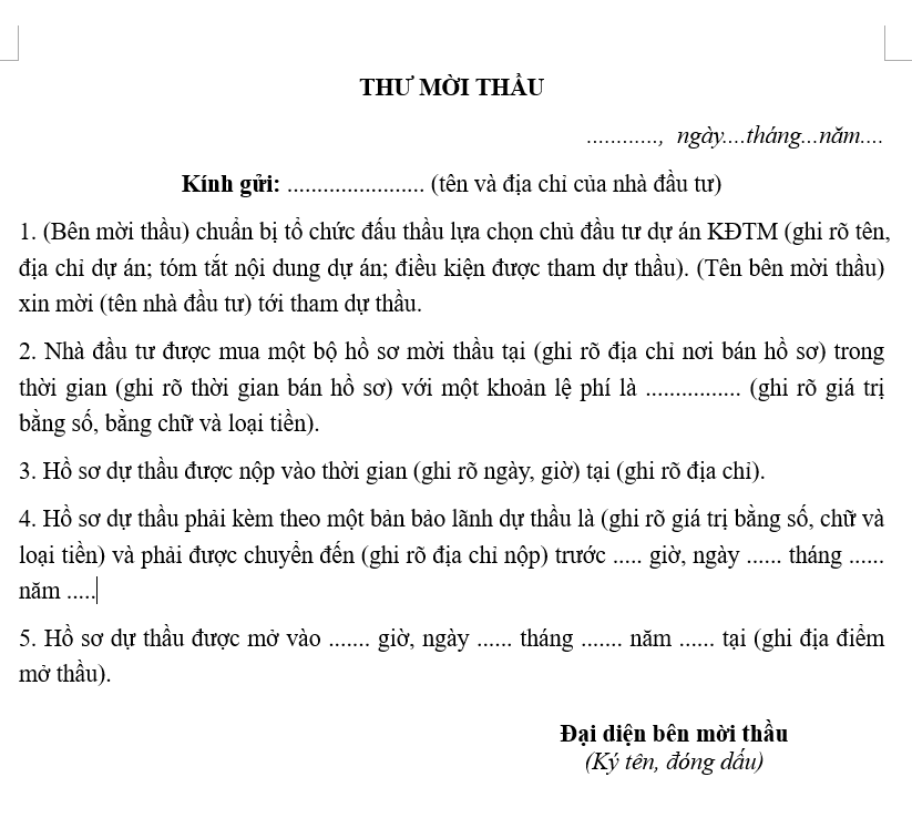 Mẫu thư mời thầu mới nhất