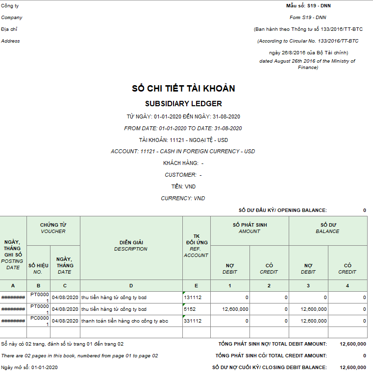 Mẫu sổ chi tiết tài khoản ( Song ngữ ) theo TT133