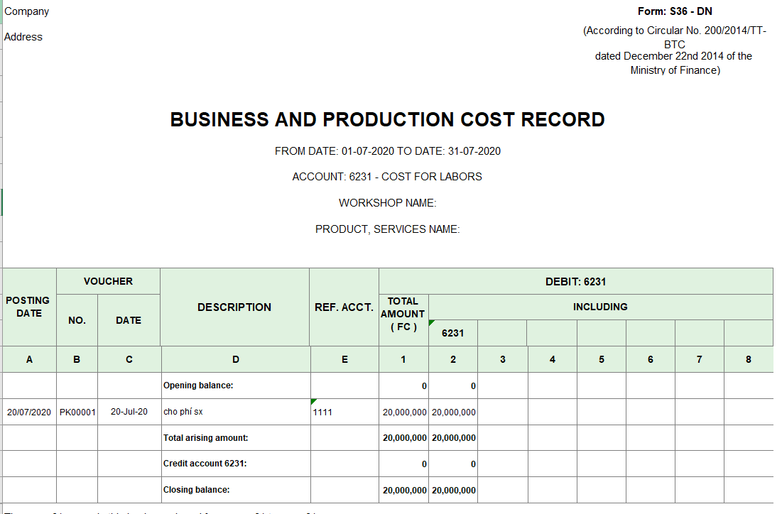 Mẫu sổ chi phí sản xuất kinh doanh ( TIẾNG ANH - Ngoại tệ ) theo TT 200