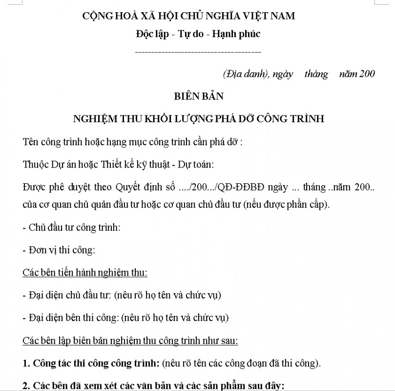 Mẫu biên bản nghiệm thu phá dỡ công trình