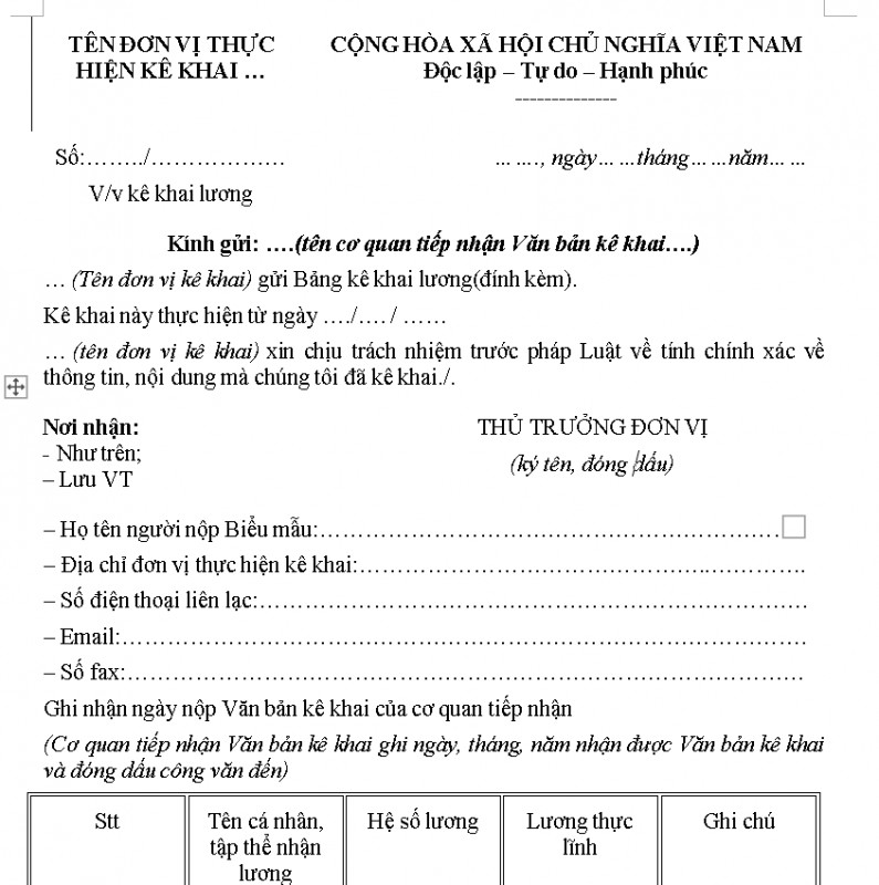 Mẫu kê khai lương mới nhất