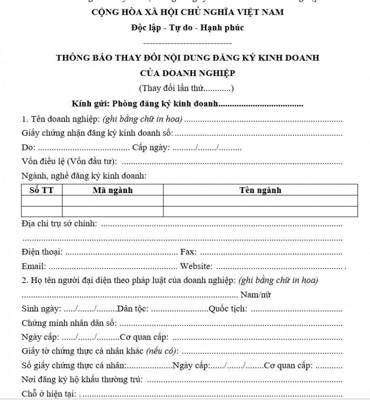Mẫu thông báo thay đổi nội dung đăng ký kinh doanh của doanh nghiệp