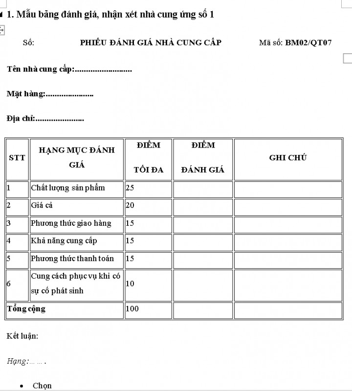 Mẫu bảng đánh giá nhà cung ứng mới nhất