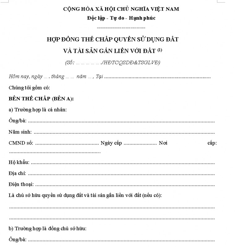 Mẫu hợp đồng thế chấp quyền sử dụng đất và TS gắn liền với đất