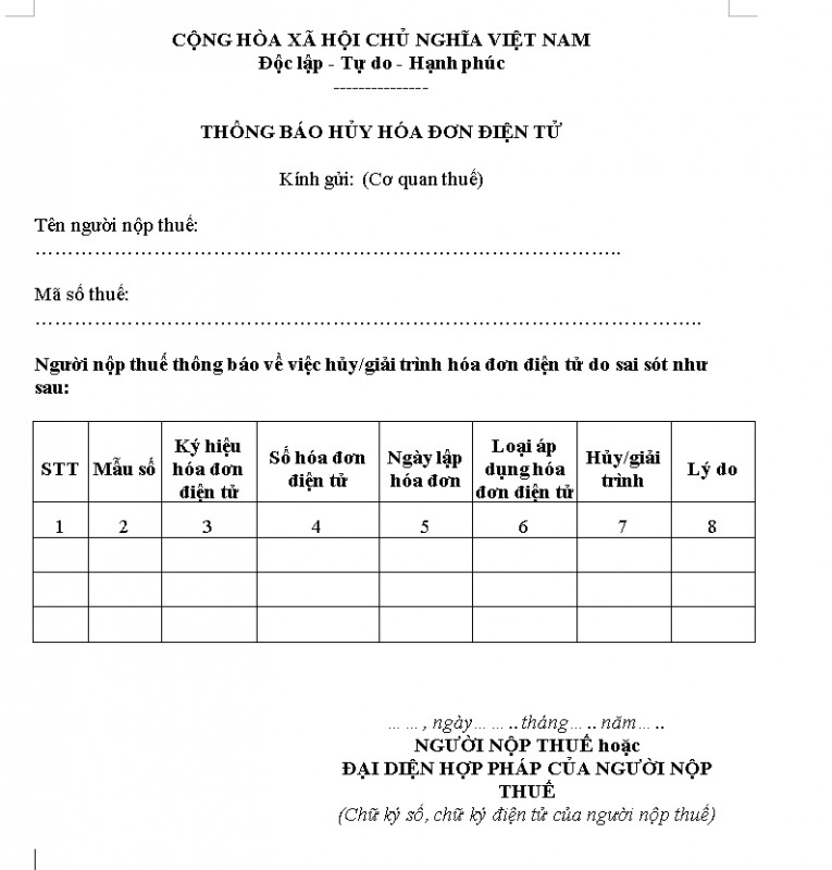 Mẫu Thông báo hủy hóa đơn điện tử
