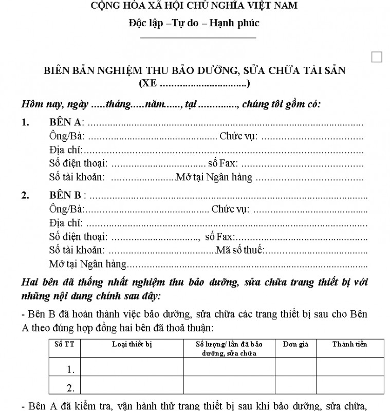 Biên bản nghiệm thu sửa chữa tài sản