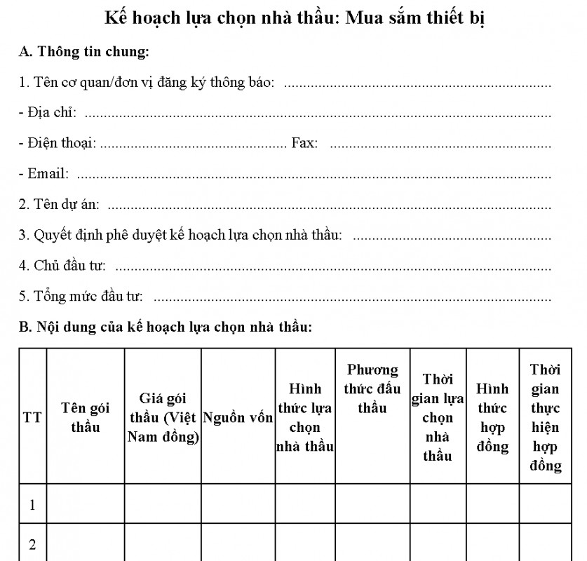 Mẫu kế hoạch lựa chọn nhà thầu