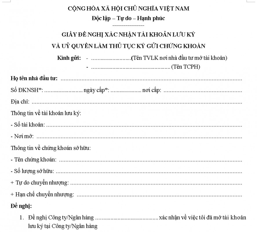 Mẫu giấy đề nghị xác nhận tài khoản lưu ký chứng khoán