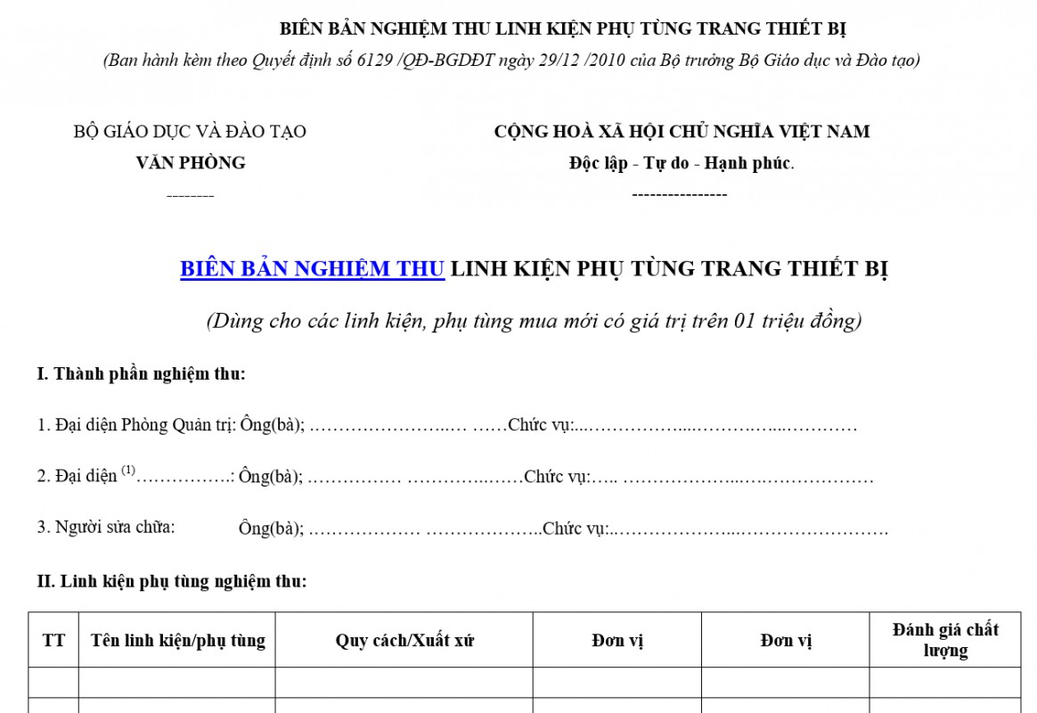 Mẫu biên bản nghiệm thu phụ tùng trang thiết bị