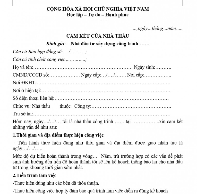 Mẫu cam kết của nhà thầu