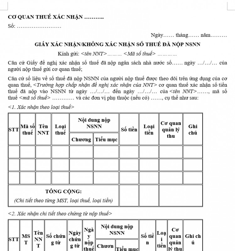 Mẫu giấy đề nghị xác nhận số thuế đã nộp NSNN