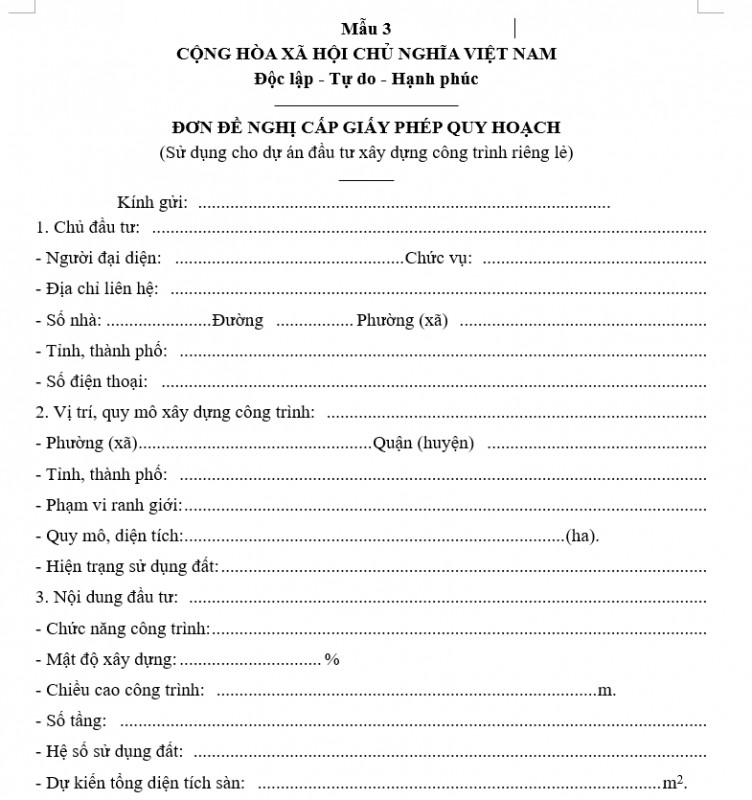 Mẫu đơn đề nghị cấp phép quy hoạch sử dụng cho công trình riêng lẻ