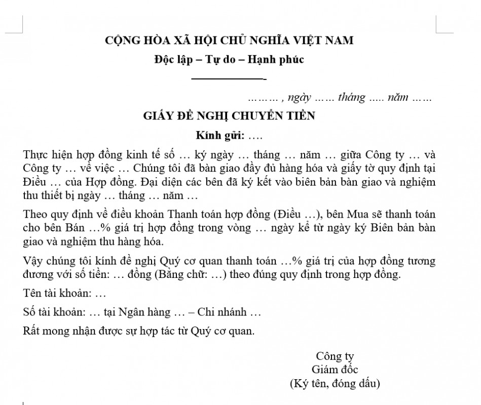 Mẫu giấy đề nghị chuyển tiền theo hợp đồng