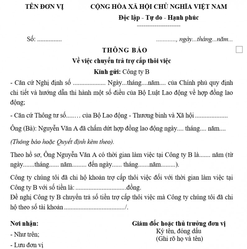 Mẫu thông báo về việc chuyển trả trợ cấp thôi việc