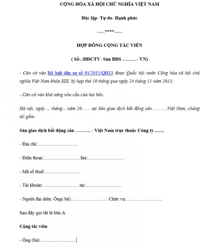 Mẫu hợp đồng cộng tác viên kinh doanh