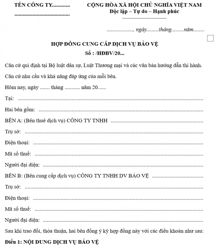 Mẫu hợp đồng dịch vụ bảo vệ