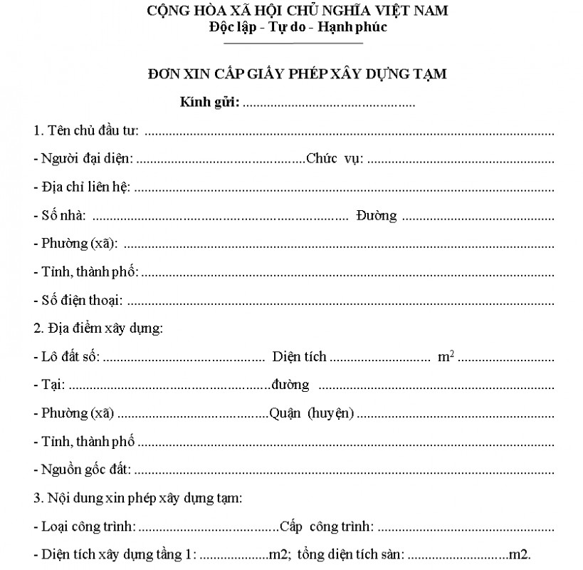 Mẫu đơn xin cấp phép xây dựng tạm