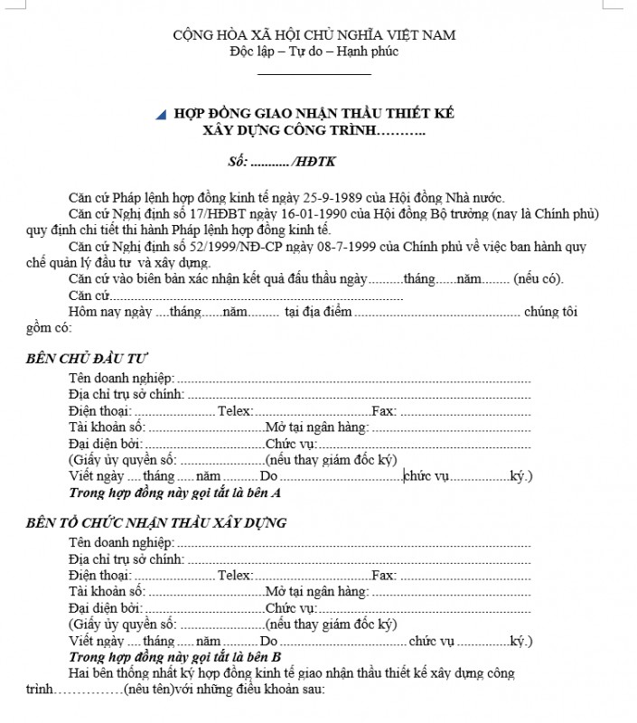 Mẫu hợp đồng giao nhận thiết kế xây dựng công trình