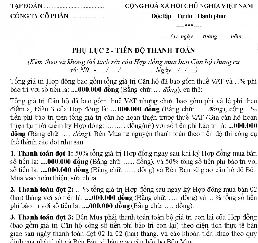 Mẫu phụ lục quy định về tiến độ thanh toán theo hợp đồng