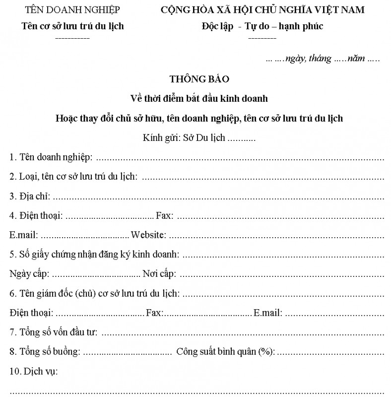 Mẫu thông báo kinh doanh của cơ sở lưu trú