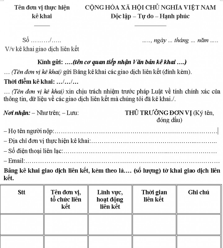 Mẫu kê khai giao dịch liên kết