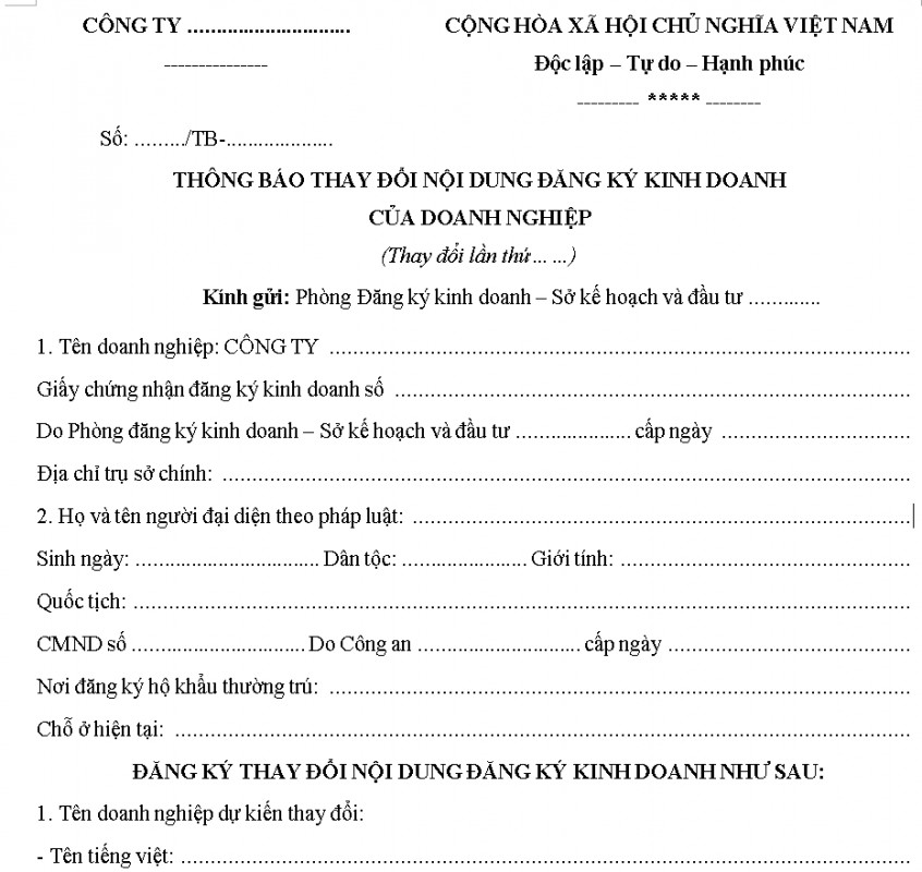 Mẫu thông báo thay đổi tên doanh nghiệp