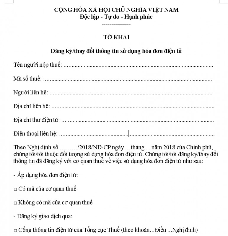 Mẫu Tờ khai đăng ký/thay đổi thông tin sử dụng hóa đơn điện tử