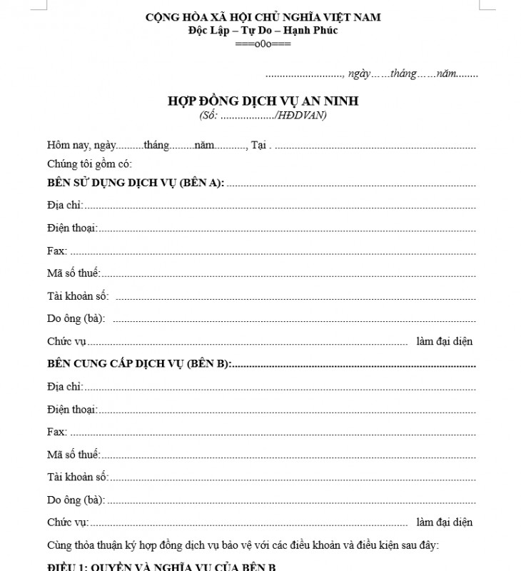 Mẫu hợp đồng dịch vụ an ninh