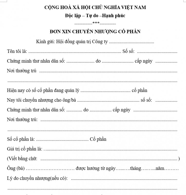 Mẫu đơn xin chuyển nhượng cổ phần