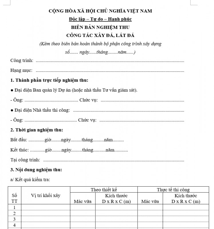 Mẫu biên bản nghiệm thu công tác xây đá, lát đá