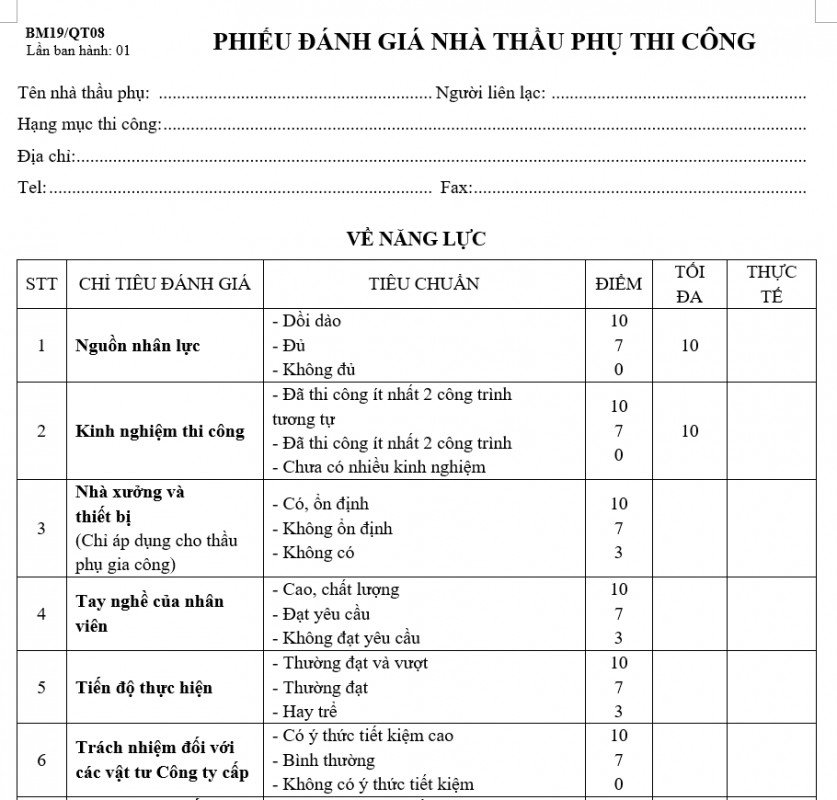 Phiếu đánh giá nhà thầu phụ