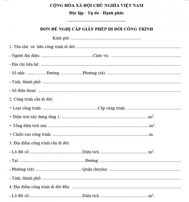 Mẫu đơn đề nghị cấp giấy phép di dời công trình