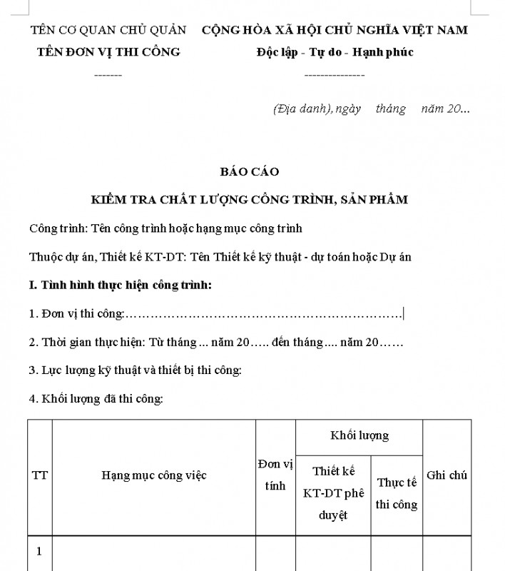 Mẫu báo cáo kiểm tra chất lượng công trình sản phẩm