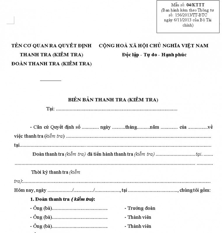 Mẫu số 04/KTTT: Biên bản thanh tra (kiểm tra)