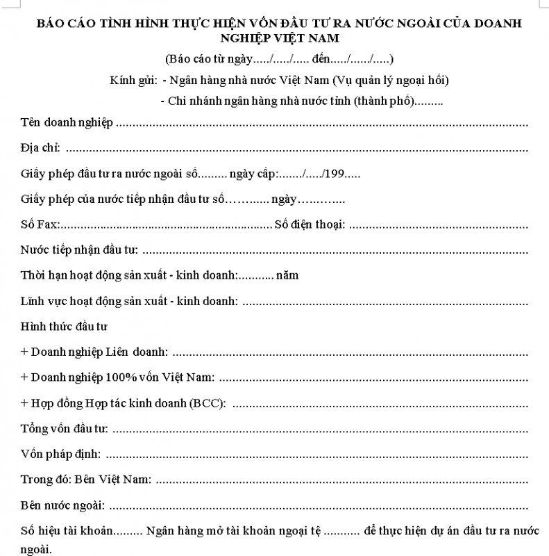 Mẫu báo cáo về vốn đầu tư ra nước ngoài