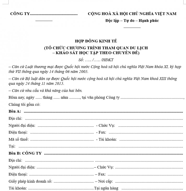 Mẫu hợp đồng du lịch mới nhất