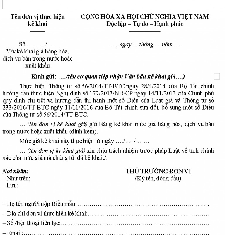 Mẫu kê khai giá dịch vụ lưu trú