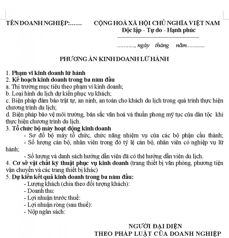 Mẫu phương án kinh doanh lữ hành quốc tế