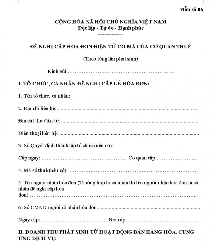 Mẫu Đề nghị cấp hóa đơn điện tử có mã của cơ quan thuế