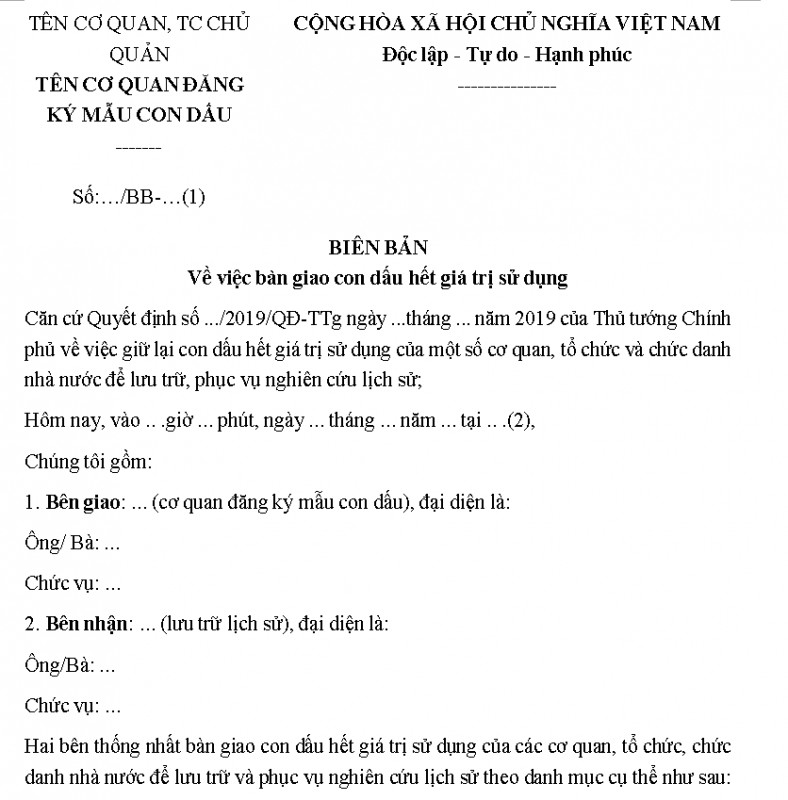 Mẫu biên bản bàn giao con dấu hết giá trị sử dụng