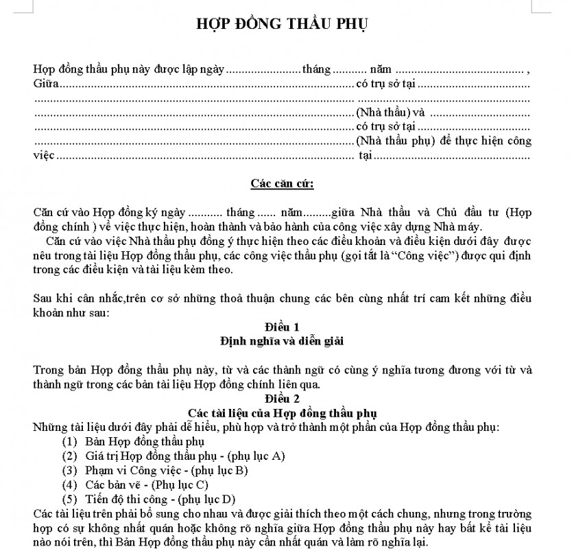 Mẫu hợp đồng thầu phụ